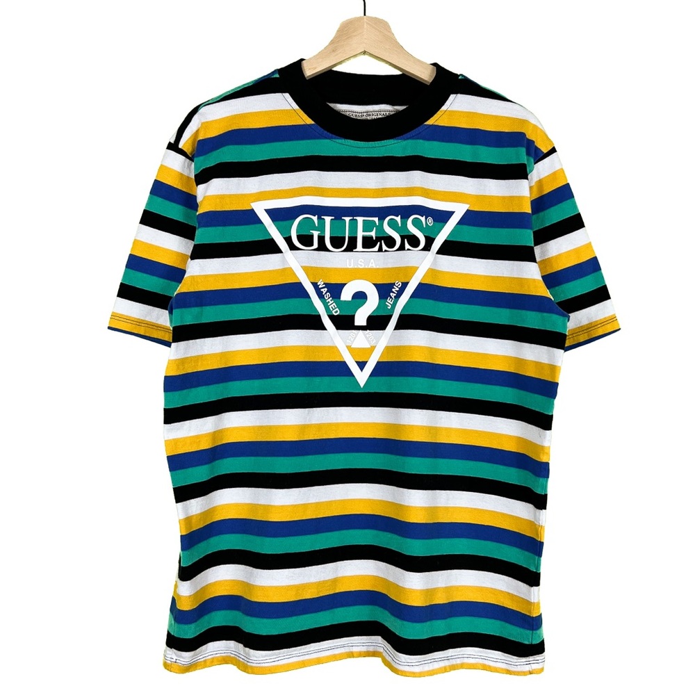 Mens Striped Guess Spellout Shirt!